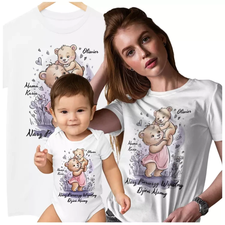 KOSZULKA z body dla Mamy i Synka na Dzień Matki z napisem Nasz pierwszy wspólny Dzień Matki; Mama Kasia; Oliwier (3).webp
