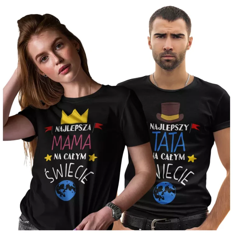 Zestaw koszulek z kolorowym nadrukiem dla rodziców na prezent koszulka dla mamy i taty najlepsza MAMA na całym świecie najlepszy TATA na całym świecie kolor czarny (2).webp