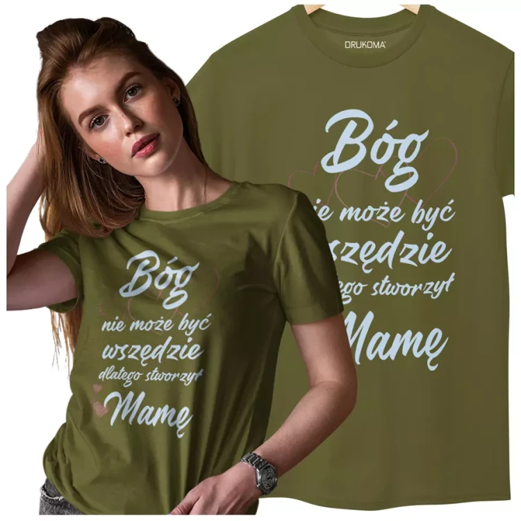 KOSZULKA z kubkiem dla Mamy Z KOLOROWYM NADRUKIEM na Dzień Matki Bóg nie może być wszędzie, dlatego stworzył Mamę kolor khaki (2).webp