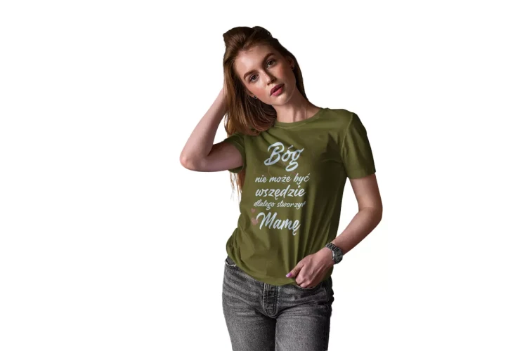 KOSZULKA z kubkiem dla Mamy Z KOLOROWYM NADRUKIEM na Dzień Matki Bóg nie może być wszędzie, dlatego stworzył Mamę kolor khaki (4).webp