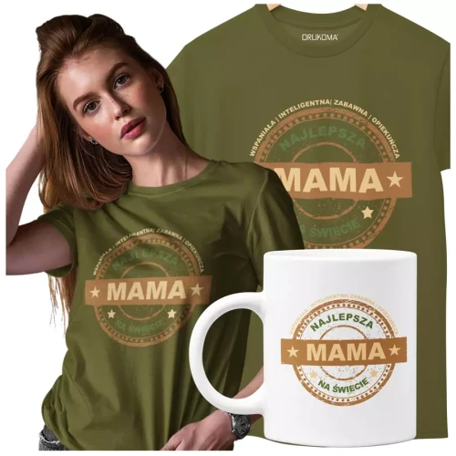 Koszulka z kubkiem dla Mamy na Dzień Mamy prezent z kolorowym napisem Najlepsza mama na świecie, wspaniała, inteligentna, zabawna, opiekuńcza kolor kh.webp