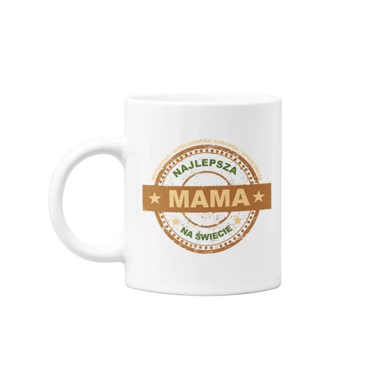 Koszulka z kubkiem dla Mamy na Dzień Mamy prezent z kolorowym napisem Najlepsza mama na świecie, wspaniała, inteligentna, zabawna, opiekuńcza kolor khaki (1).webp