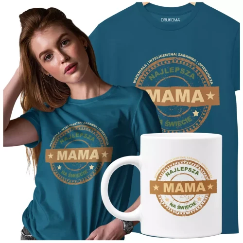 Koszulka z kubkiem dla Mamy na Dzień Mamy prezent z kolorowym napisem Najlepsza mama na świecie, wspaniała, inteligentna, zabawna, opiekuńcza kolor pe.webp