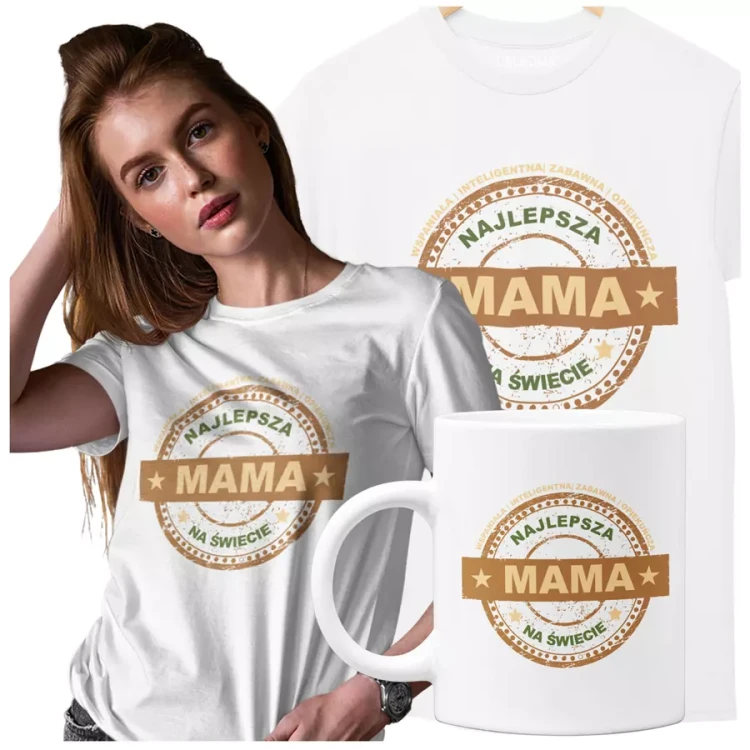 Koszulka z kubkiem dla Mamy na Dzień Mamy prezent z kolorowym napisem Najlepsza mama na świecie, wspaniała, inteligentna, zabawna, opiekuńcza kolor bi.webp