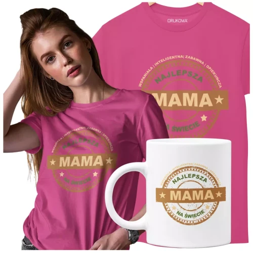 Koszulka z kubkiem dla Mamy na Dzień Mamy prezent z kolorowym napisem Najlepsza mama na świecie, wspaniała, inteligentna, zabawna, opiekuńcza kolor ró.webp