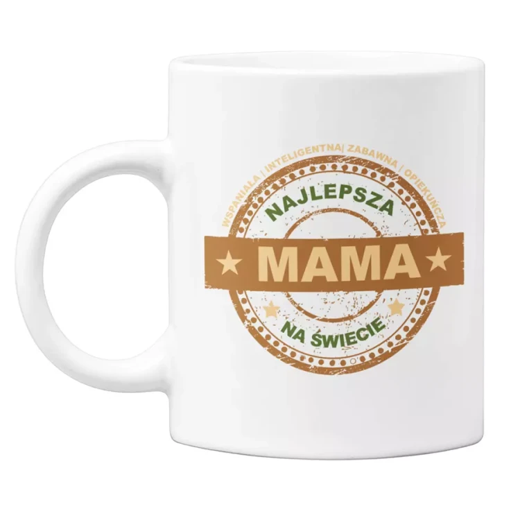 Koszulka z kubkiem dla Mamy na Dzień Mamy prezent z kolorowym napisem Najlepsza mama na świecie, wspaniała, inteligentna, zabawna, opiekuńcza kolor khaki (2).webp