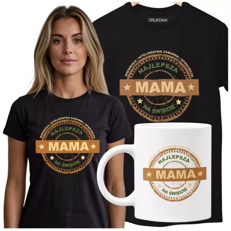Koszulka z kubkiem dla Mamy na Dzień Mamy prezent z kolorowym napisem Najlepsza mama na świecie, wspaniała, inteligentna, zabawna, opiekuńcza kolor cz.webp