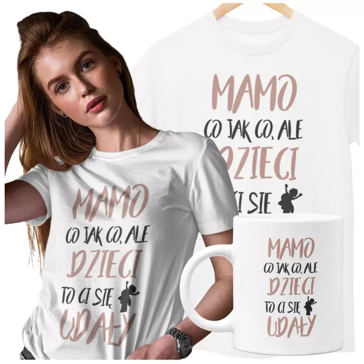 Koszulka dla mamy wraz z kubkiem z kolorowym nadrukiem Mamo co jak co, ale dzieci ci to się udały biały.webp