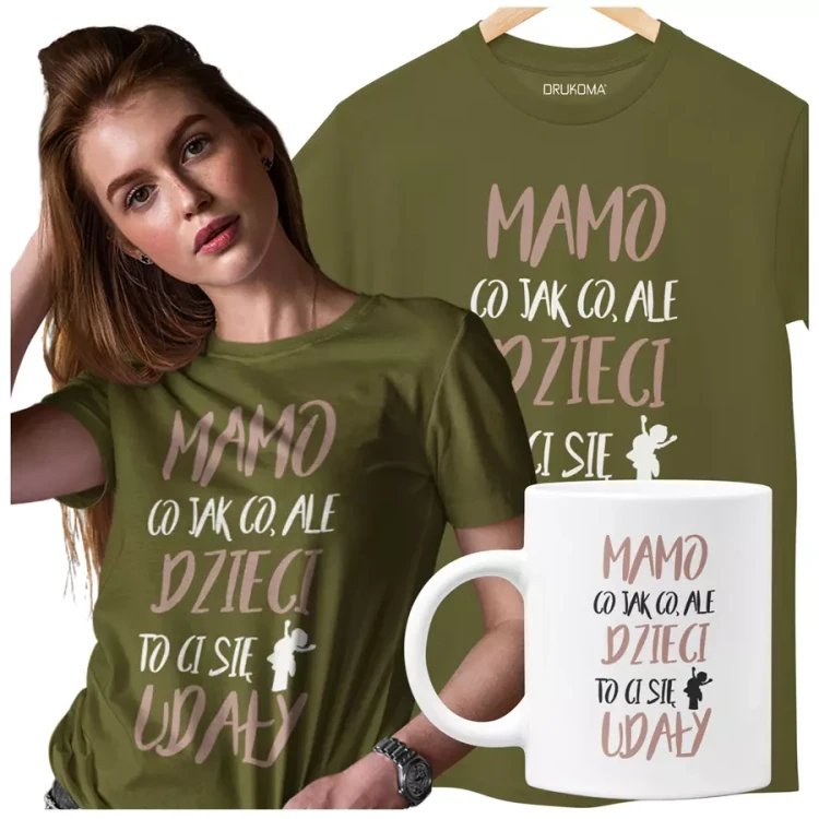 Koszulka dla mamy wraz z kubkiem z kolorowym nadrukiem Mamo co jak co, ale dzieci ci to się udały khaki.webp