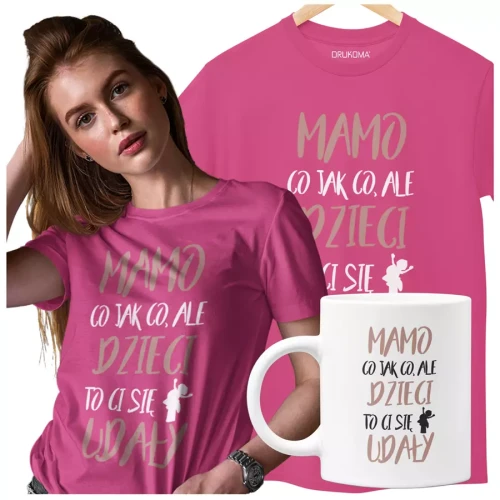 Koszulka dla mamy wraz z kubkiem z kolorowym nadrukiem Mamo co jak co, ale dzieci ci to się udały różowy.webp