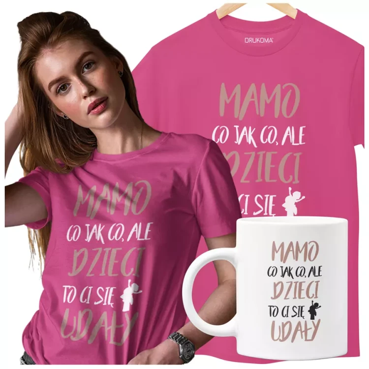 Koszulka dla mamy wraz z kubkiem z kolorowym nadrukiem Mamo co jak co, ale dzieci ci to się udały różowy.webp