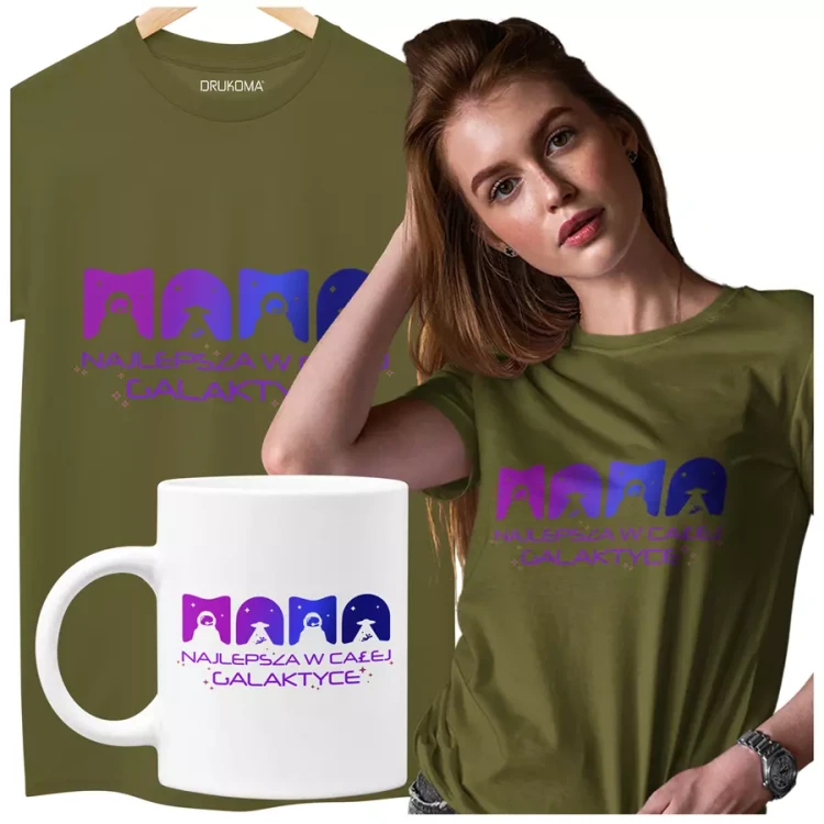 Koszulka dla Mamy na Dzień Mamy zestaw z kubkiem z kolorowym nadrukiem MAMA najlepsza w całej galaktyce kolor khaki.webp