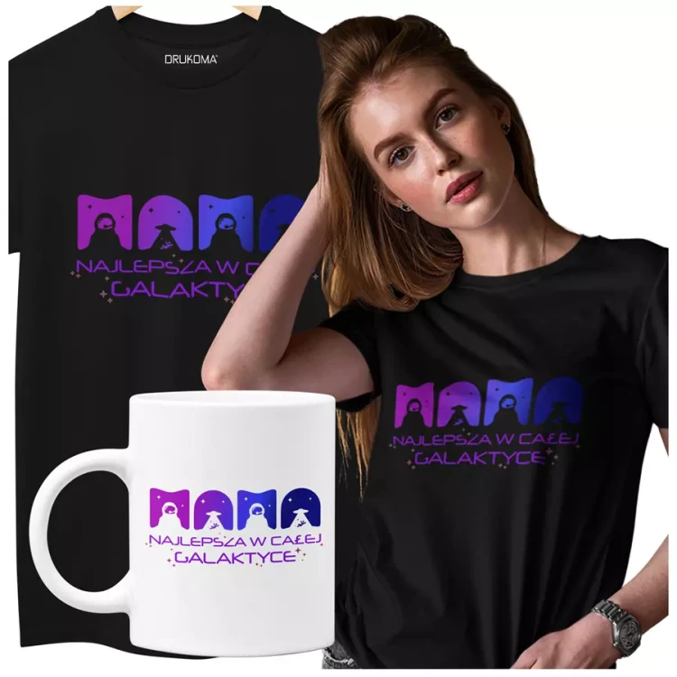 Koszulka dla Mamy na Dzień Mamy zestaw z kubkiem z kolorowym nadrukiem MAMA najlepsza w całej galaktyce kolor khaki (2).webp