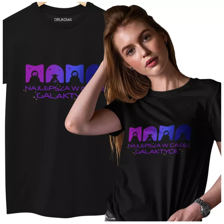 KOSZULKA dla Mamy Z KOLOROWYM NADRUKIEM na Dzień Matki MAMA najlepsza w całej galaktyce kolor czarny  (3).webp