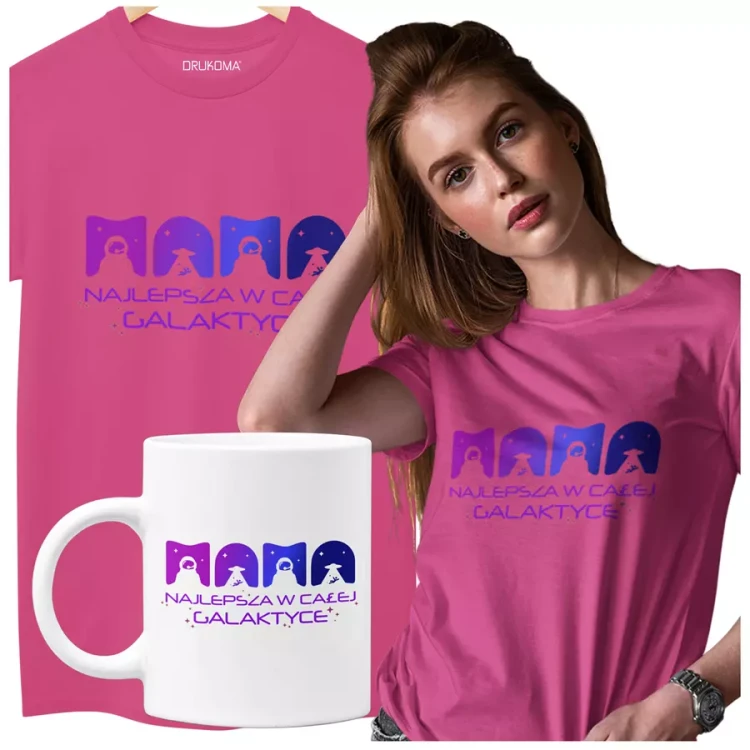 Koszulka dla Mamy na Dzień Mamy zestaw z kubkiem z nadrukiem MAMA najlepsza w całej galaktyce kolor różowy.webp