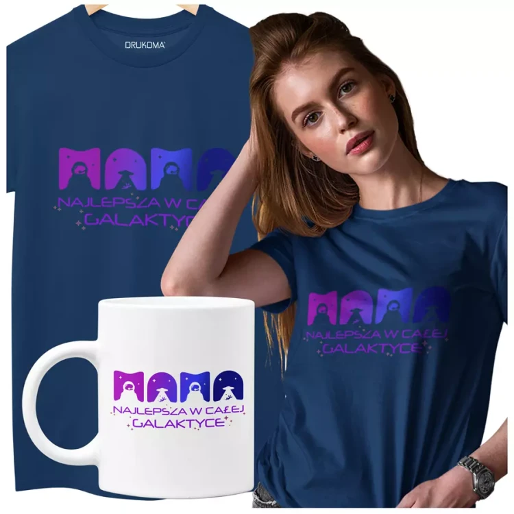 Koszulka dla Mamy na Dzień Mamy zestaw z kubkiem z nadrukiem MAMA najlepsza w całej galaktyce kolor różowy (2).webp