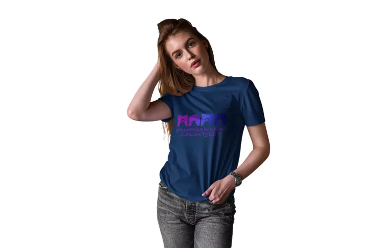 KOSZULKA dla Mamy Z KOLOROWYM NADRUKIEM na Dzień Matki MAMA najlepsza w całej galaktyce kolor granatowy (3).webp