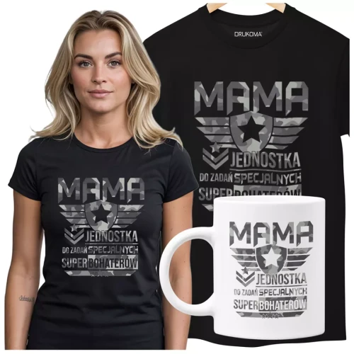 Koszulka dla mamy wraz z kubkiem Z KOLOROWYM NADRUKIEM Mama jednostka do zadań specjalnych super bohaterów KOLOR CZARNY.webp