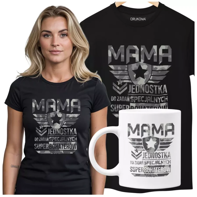 Koszulka dla mamy wraz z kubkiem Z KOLOROWYM NADRUKIEM Mama jednostka do zadań specjalnych super bohaterów KOLOR CZARNY.webp