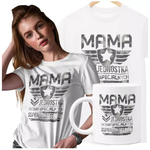 Koszulka dla mamy wraz z kubkiem Z KOLOROWYM NADRUKIEM Mama jednostka do zadań specjalnych super bohaterów KOLOR BIAŁY.webp