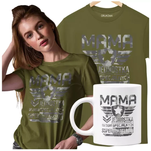 Koszulka dla mamy wraz z kubkiem Z KOLOROWYM NADRUKIEM Mama jednostka do zadań specjalnych super bohaterów KOLOR KHAKI.webp