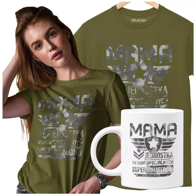Koszulka dla mamy wraz z kubkiem Z KOLOROWYM NADRUKIEM Mama jednostka do zadań specjalnych super bohaterów KOLOR KHAKI.webp
