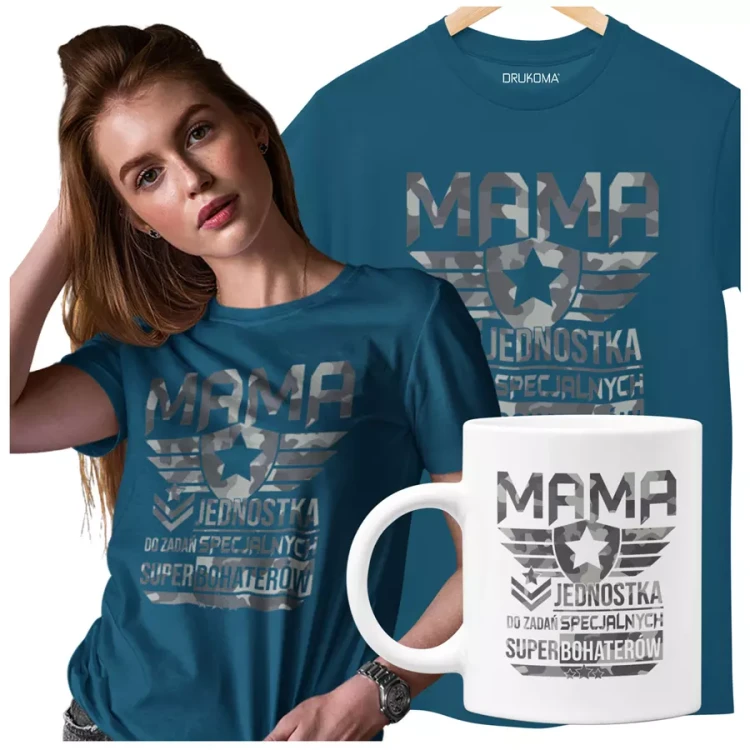 Koszulka dla mamy wraz z kubkiem Z KOLOROWYM NADRUKIEM Mama jednostka do zadań specjalnych super bohaterów KOLOR PETROL.webp