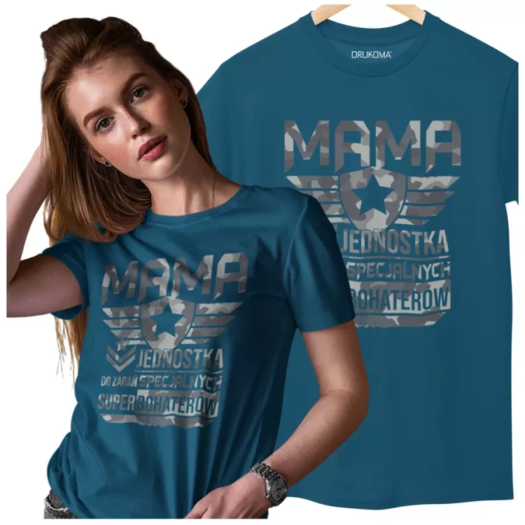 KOSZULKA dla Mamy Z KOLOROWYM NADRUKIEM na Dzień Matki MAMA jednostka do zadań specjalnych super bohaterów kolor petrol (2).webp