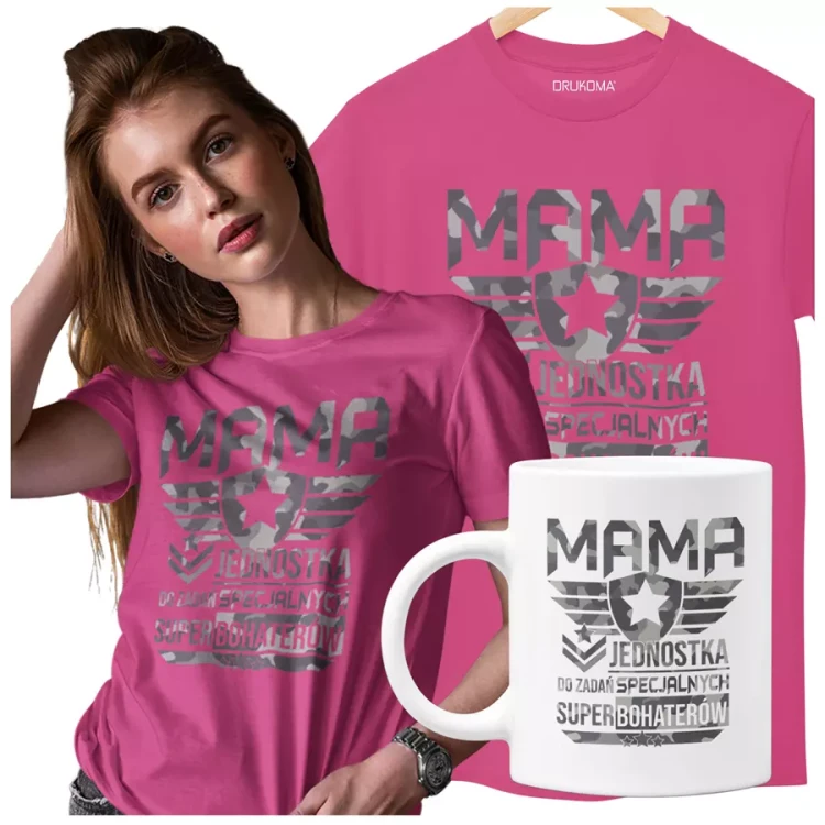Koszulka dla mamy wraz z kubkiem Z KOLOROWYM NADRUKIEM Mama jednostka do zadań specjalnych super bohaterów KOLOR Różowy.webp