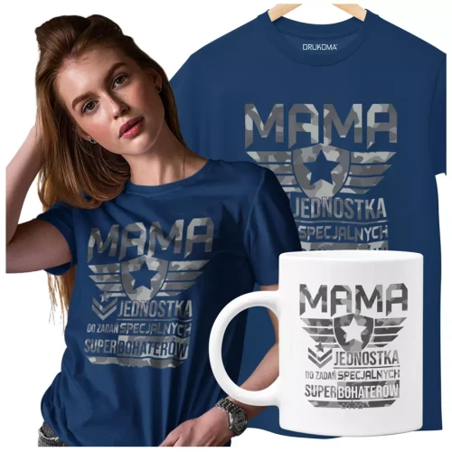 Koszulka dla mamy wraz z kubkiem Z KOLOROWYM NADRUKIEM Mama jednostka do zadań specjalnych super bohaterów KOLOR GRANATOWY.webp