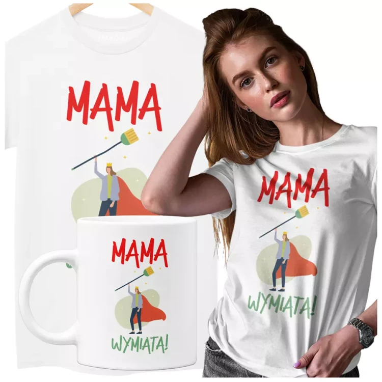 Koszulka dla Mamy na Dzień Mamy zestaw z kubkiem z nadrukiem mama wymiata kolor biały.webp