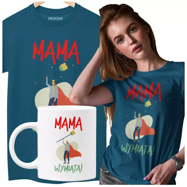 Koszulka dla Mamy na Dzień Mamy zestaw z kubkiem z nadrukiem mama wymiata kolor petrol blue (2).webp