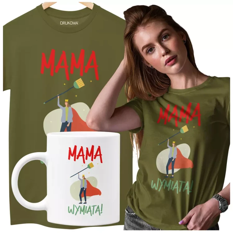 Koszulka dla Mamy na Dzień Mamy zestaw z kubkiem z nadrukiem mama wymiata kolor KHAKI (2).webp