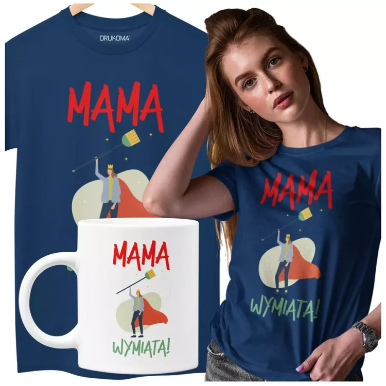Koszulka dla Mamy na Dzień Mamy zestaw z kubkiem z nadrukiem mama wymiata kolor granatowy (2).webp