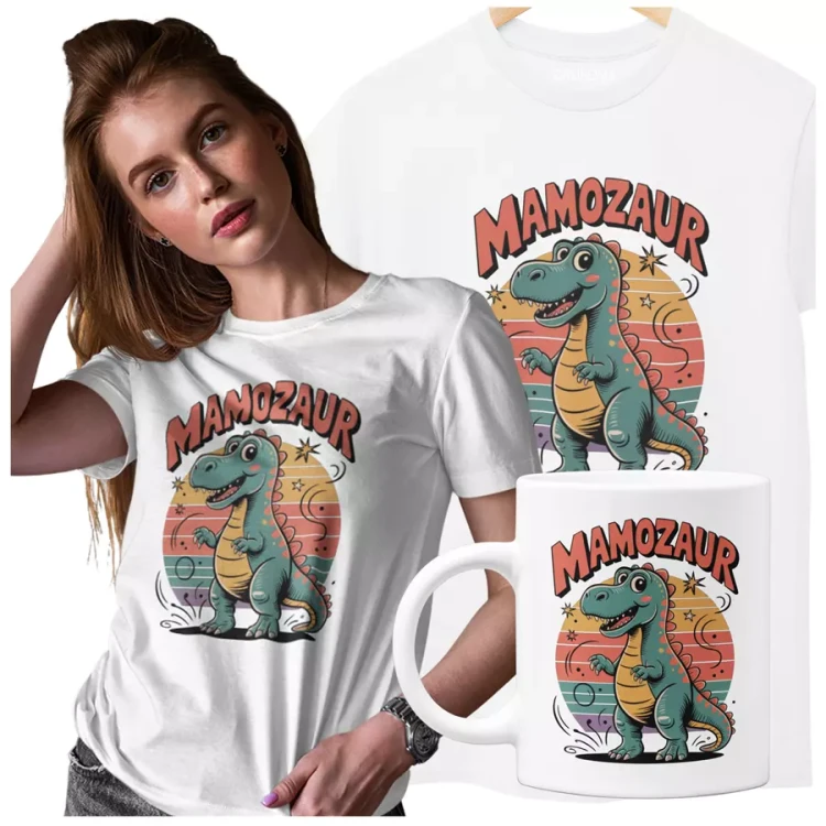 Koszulka dla Mamy na Dzień Mamy zestaw z kubkiem z napisem MAMOZAUR kolor biały (2).webp