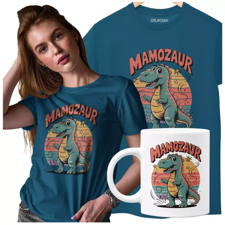 Koszulka dla Mamy na Dzień Mamy zestaw z kubkiem z napisem MAMOZAUR kolor petrol (2).webp