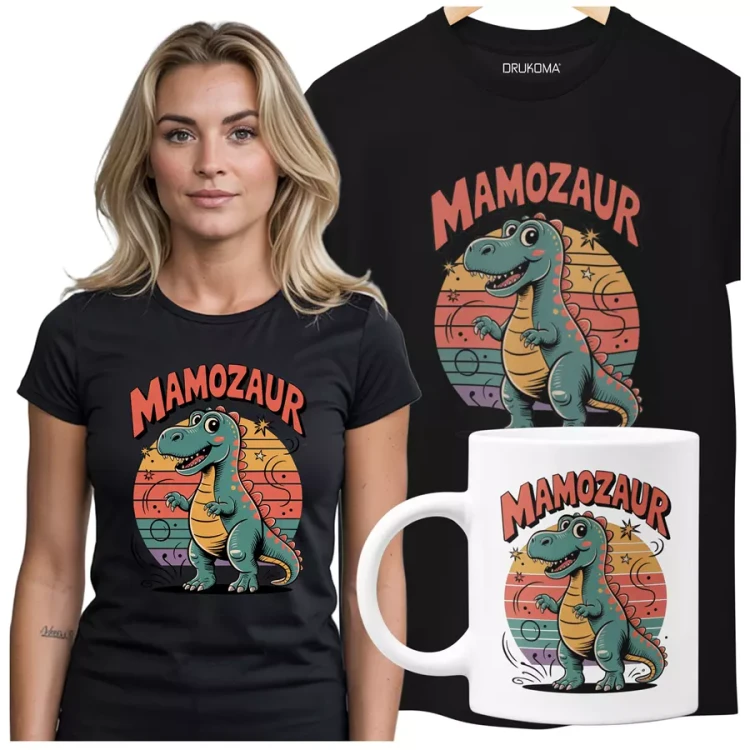 Koszulka dla Mamy na Dzień Mamy zestaw z kubkiem z napisem MAMOZAUR kolor czarny.webp