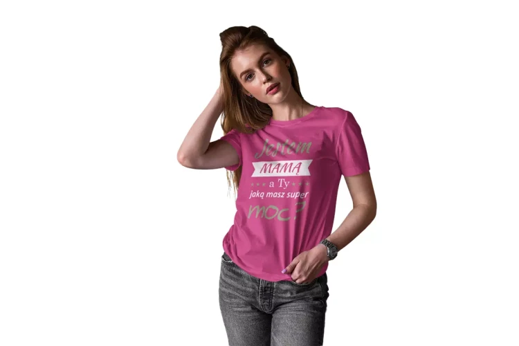KOSZULKA dla Mamy Z KOLOROWYM NADRUKIEM na Dzień Matki Jestem mamą, a ty jaką masz super moc kolor różowy (4).webp