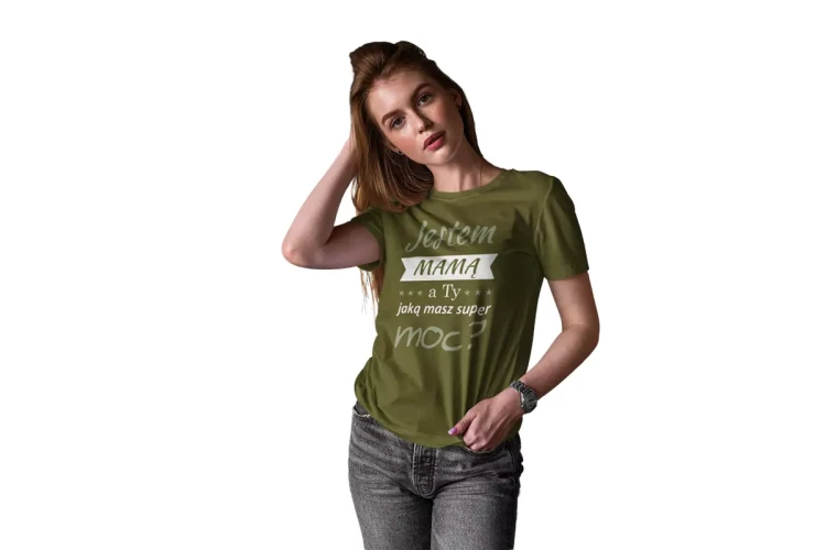 KOSZULKA dla Mamy Z KOLOROWYM NADRUKIEM na Dzień Matki Jestem mamą, a ty jaką masz super moc kolor khaki (4).webp