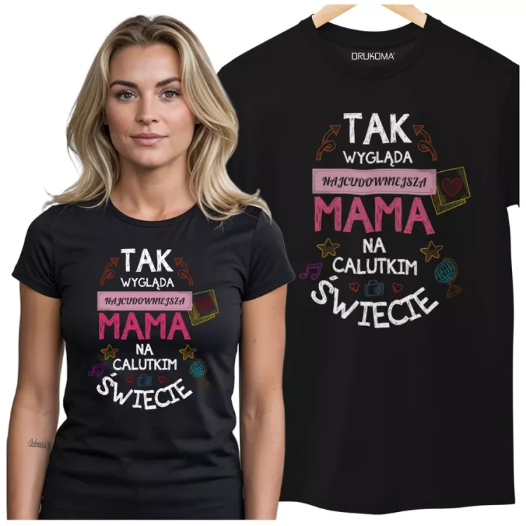 KOSZULKA dla Mamy Z KOLOROWYM NADRUKIEM na Dzień Matki Tak wygląda najcudowniejsza mama na calutkim świecie kolor czarny (2).webp