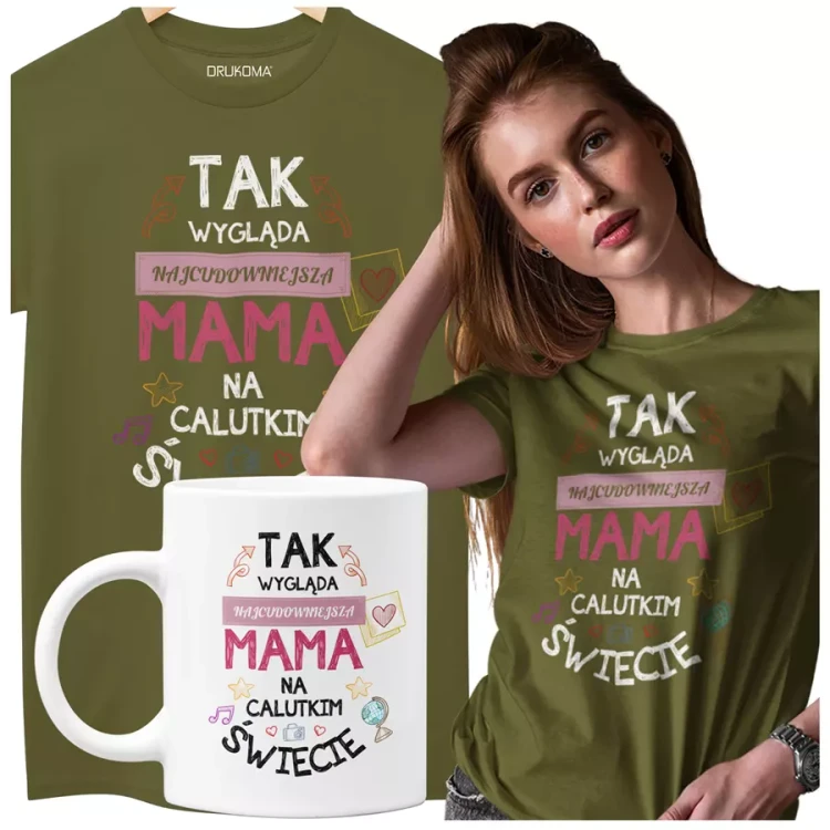 KOSZULKA Z KUBKIEM dla Mamy na Dzień Matki z kolorowym nadrukiem Tak wygląda najcudowniejsza mama na calutkim świecie kolor khaki.webp