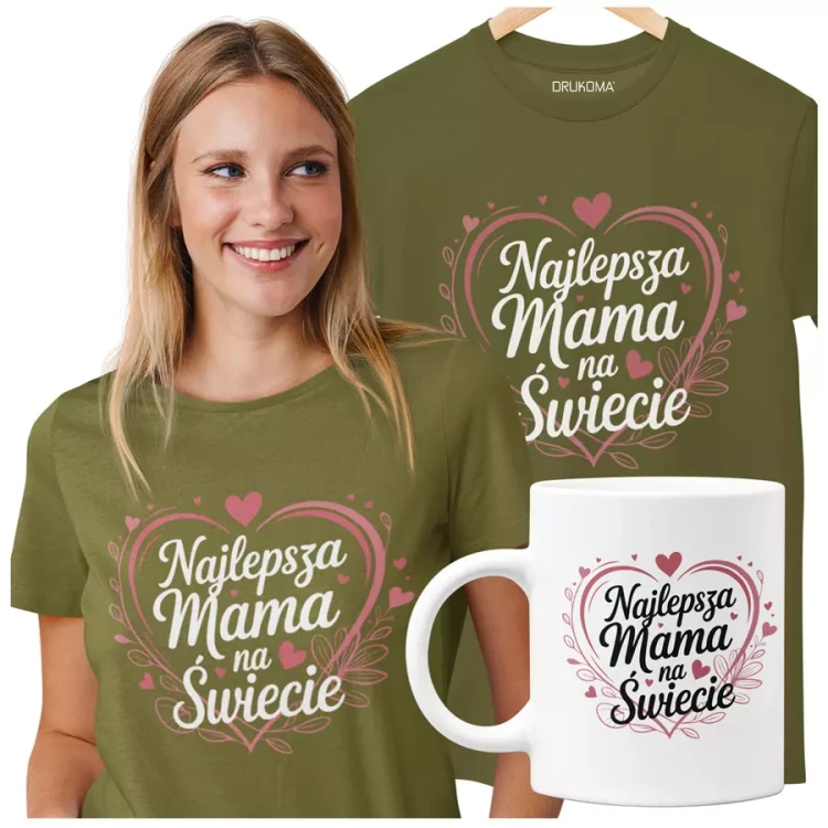 KOSZULKA Z KUBKIEM dla Mamy na Dzień Matki z kolorowym nadrukiem Najlepsza Mama na Świecie kolor khaki.webp