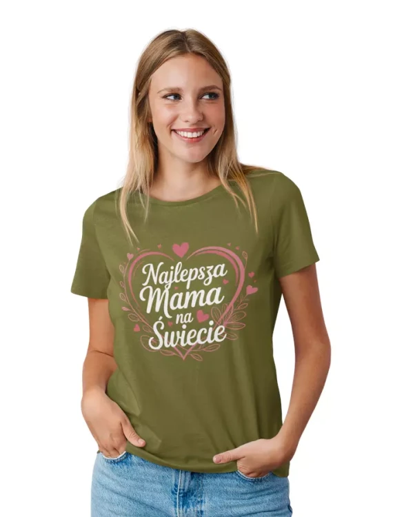 KOSZULKA dla Mamy na Dzień Matki z napisem Najlepsza Mama na Świecie kolor khaki (4).webp