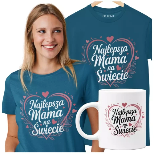 KOSZULKA Z KUBKIEM dla Mamy na Dzień Matki z kolorowym nadrukiem Najlepsza Mama na Świecie kolor petrol.webp