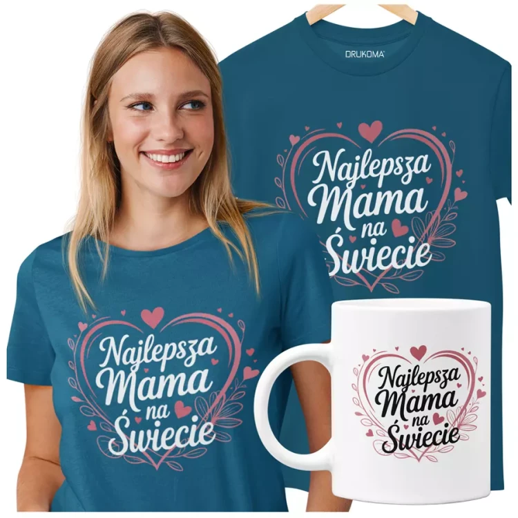 KOSZULKA Z KUBKIEM dla Mamy na Dzień Matki z kolorowym nadrukiem Najlepsza Mama na Świecie kolor petrol.webp