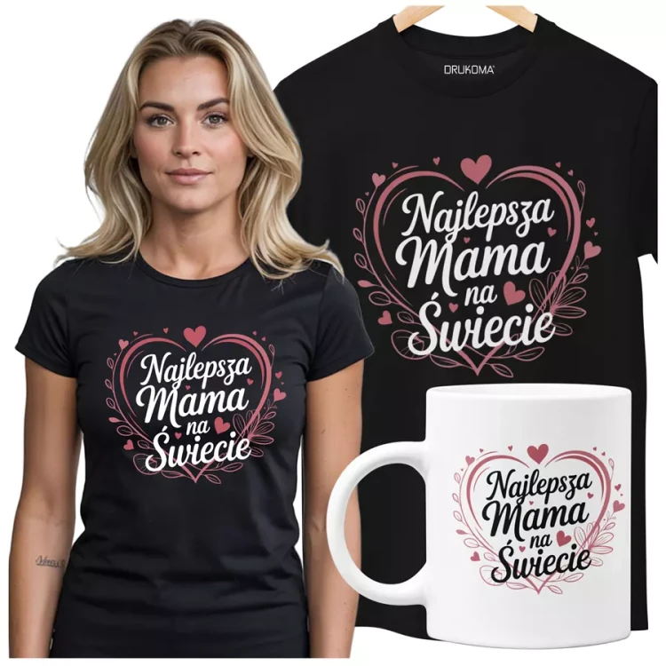 KOSZULKA Z KUBKIEM dla Mamy na Dzień Matki z kolorowym nadrukiem Najlepsza Mama na Świecie kolor czarny.webp