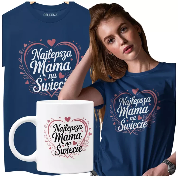 KOSZULKA Z KUBKIEM dla Mamy na Dzień Matki z kolorowym nadrukiem Najlepsza Mama na Świecie kolor granatowy.webp