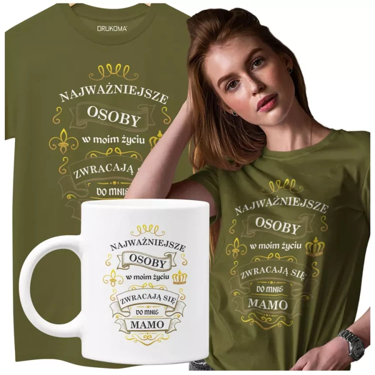 KOSZULKA Z KUBKIEM dla Mamy na Dzień Matki z kolorowym nadrukiem Najważniejsze osoby w moim życiu zwracają się do mnie MAMO kolor khaki.webp