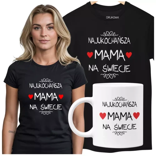 Koszulka dla Mamy na Dzień Mamy zestaw z kubkiem i nadrukiem Najukochańsza mama na świecie kolor czarny.webp