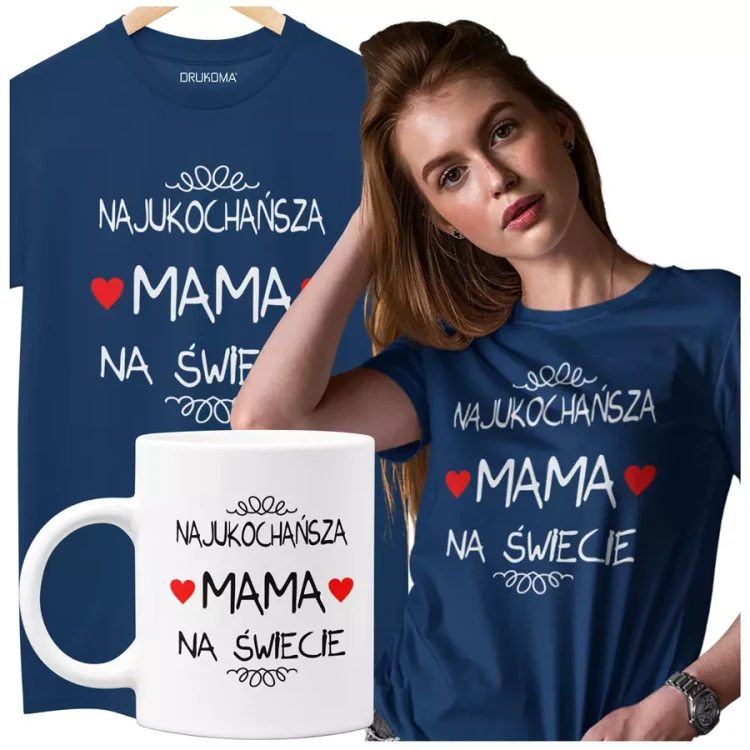 Koszulka dla Mamy na Dzień Mamy zestaw z kubkiem i nadrukiem Najukochańsza mama na świecie kolor granatowy.webp